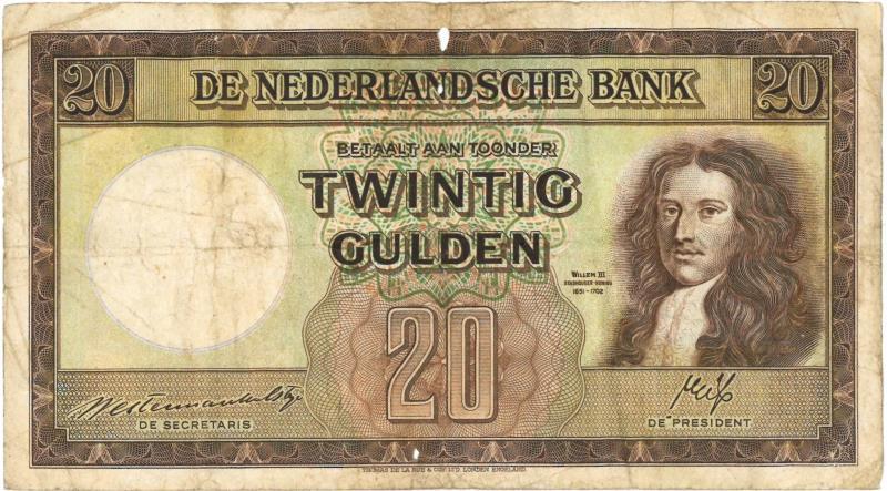 Nederland. 20 gulden. Bankbiljet. Type 1945. Stadhouder Willem III - Fraai -.
