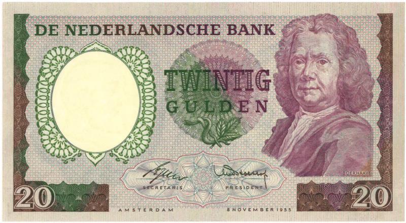 Nederland. 20 gulden. Bankbiljet. Type 1955. Boerhaave - Zeer Fraai +.