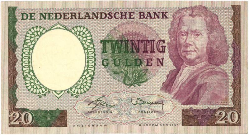 Nederland. 20 gulden. Bankbiljet. Type 1955. Boerhaave - Zeer Fraai +.