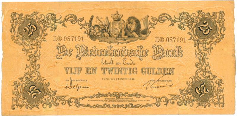 Nederland. 25 gulden. Bankbiljet. Type 1860. Geeltje - Zeer Fraai +.