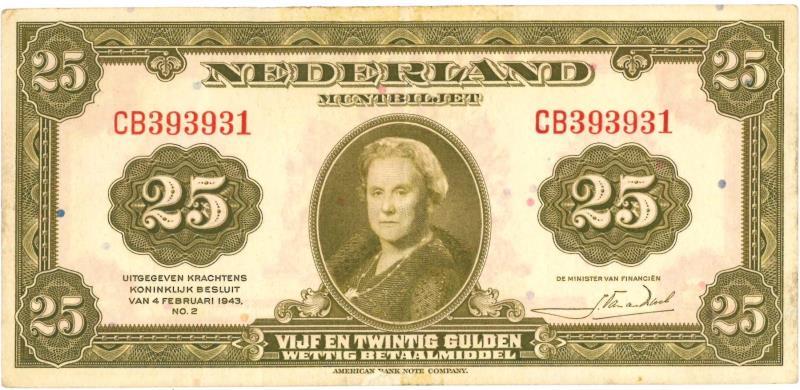 Nederland. 25 gulden. Muntbiljet. Type 1943II. Wilhelmina - Zeer Fraai / Prachtig.
