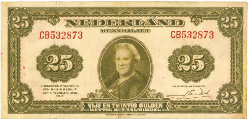 Nederland. 25 gulden. Muntbiljet. Type 1943II. Wilhelmina - Zeer Fraai.