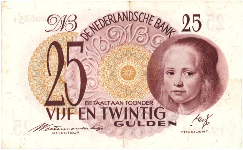 Nederland. 25 gulden. Bankbiljet. Type 1945. Meisje in 't blauw - Zeer Fraai / Prachtig.