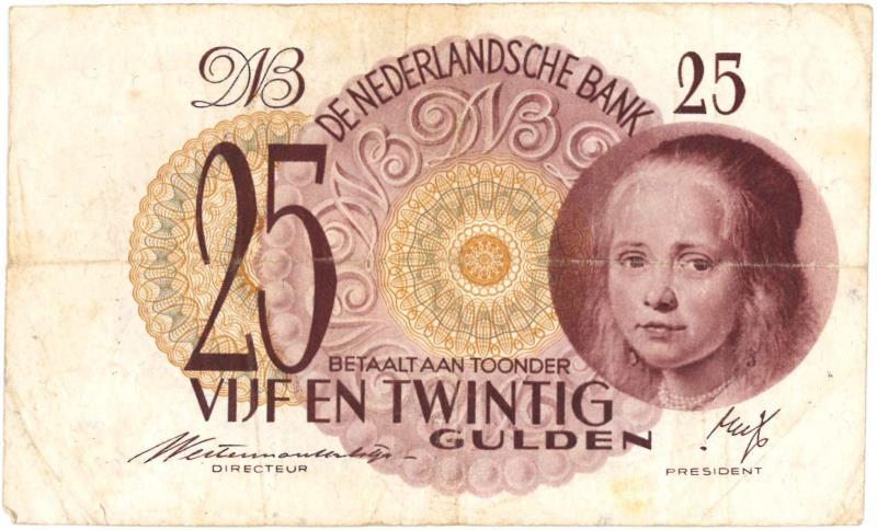 Nederland. 25 gulden. Bankbiljet. Type 1945. Meisje in 't blauw - Fraai / Zeer Fraai.