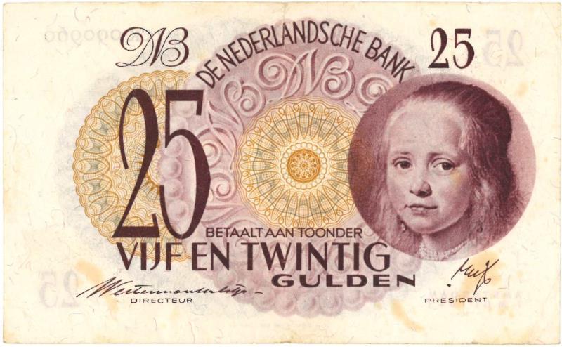 Nederland. 25 gulden. Bankbiljet. Type 1945. Meisje in 't blauw - Zeer Fraai +.
