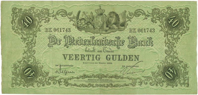 Nederland. 40 gulden. Bankbiljet. Type 1860. Reliëfrand - Zeer Fraai +.