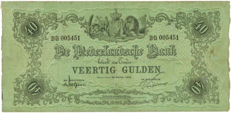 Nederland. 40 gulden. Bankbiljet. Type 1860. Reliëfrand - Fraai / Zeer Fraai.