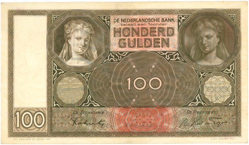 Nederland. 100 gulden. Bankbiljet. Type 1930. Luitspelende vrouw - Nagenoeg UNC.