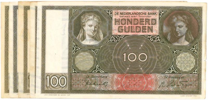 Nederland. 100 gulden. Bankbiljet. Type 1930. Luitspelende vrouw - Zeer Fraai.