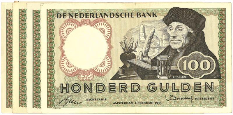 Nederland. 100 gulden. Bankbiljet. Type 1953. Erasmus - Zeer Fraai.