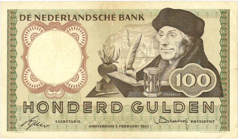 Nederland. 100 gulden. Bankbiljet. Type 1953. Erasmus - Zeer Fraai.