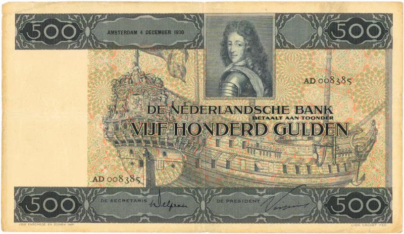 Nederland. 500 gulden. Bankbiljet. Type 1930. Stadhouder Willem III - Zeer Fraai +.