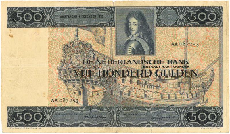 Nederland. 500 gulden. Bankbiljet. Type 1930. Stadhouder Willem III - Zeer Fraai -.