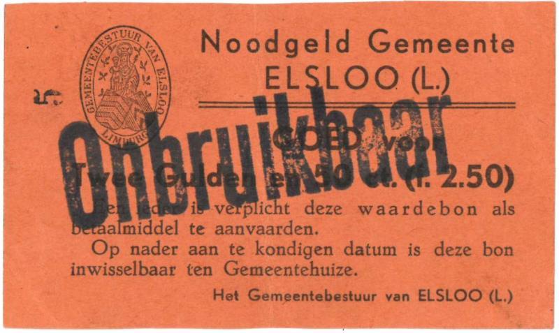 Noodgeld 2de W.O. 2½ gulden. Elsloo. Type 1940. - Zeer Fraai.