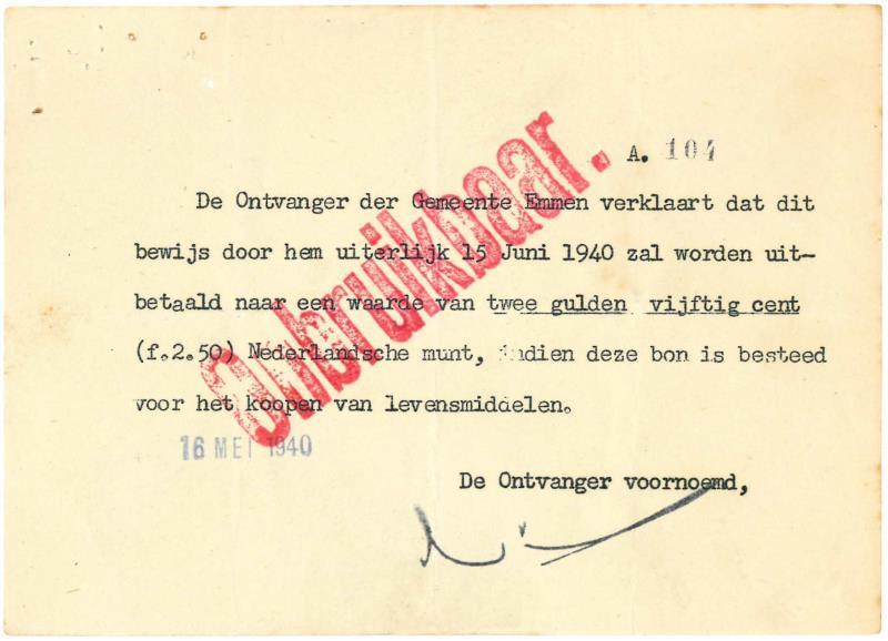 Noodgeld 2de W.O. 2½ gulden. Emmen. Type 1940. - Zeer Fraai.