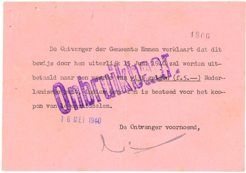 Noodgeld 2de W.O. 5 gulden. Emmen. Type 1940. - Fraai / Zeer Fraai.
