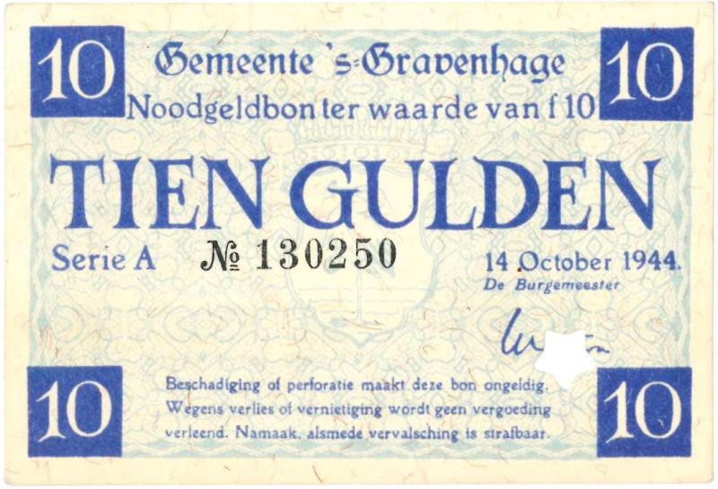 Noodgeld 2de W.O. 10 gulden. s'Gravenhage. Type 1940. - Zeer Fraai.