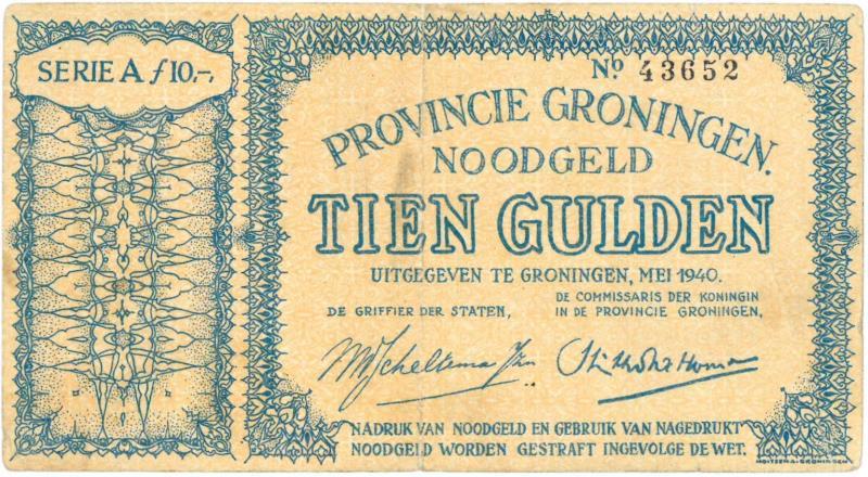 Noodgeld 2de W.O. 10 gulden. Groningen. Type 1940. - Zeer Fraai.
