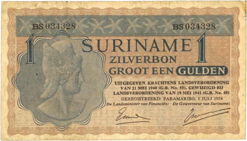 Suriname. 1 gulden. Zilverbon. Type 1940. - Fraai.