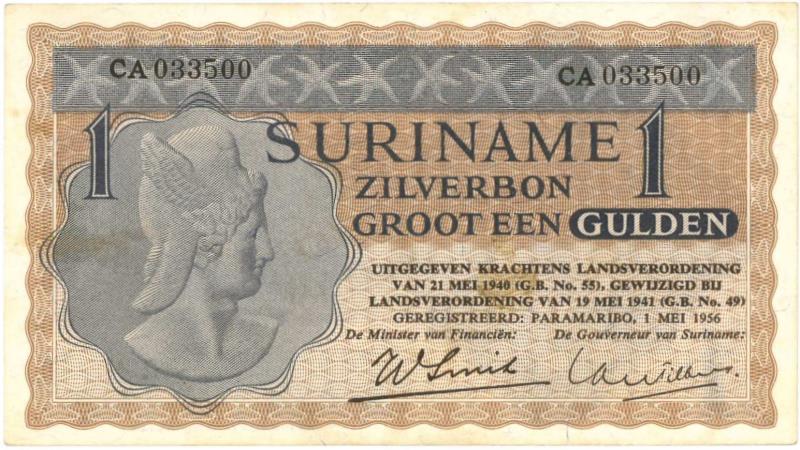 Suriname. 1 gulden. Zilverbon. Type 1940. - Prachtig +.