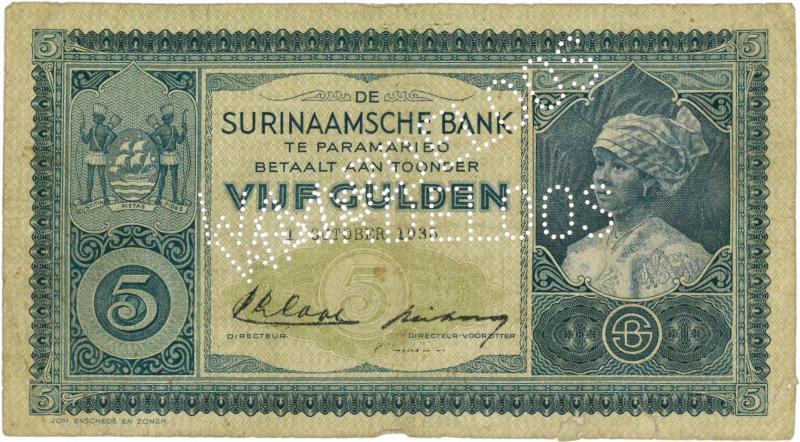 Suriname. 5 gulden. Bankbiljet. Type 1935. - Fraai -.