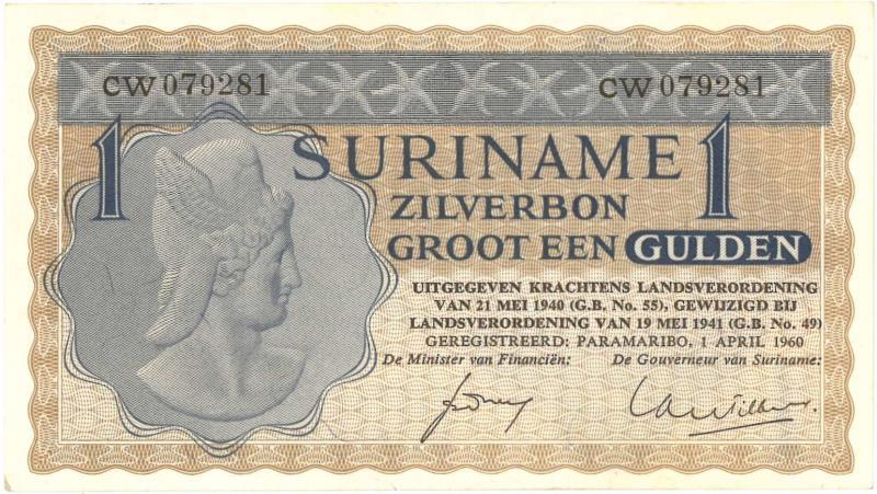 Suriname. 1 gulden. Zilverbon. Type 1941. - Nagenoeg UNC.