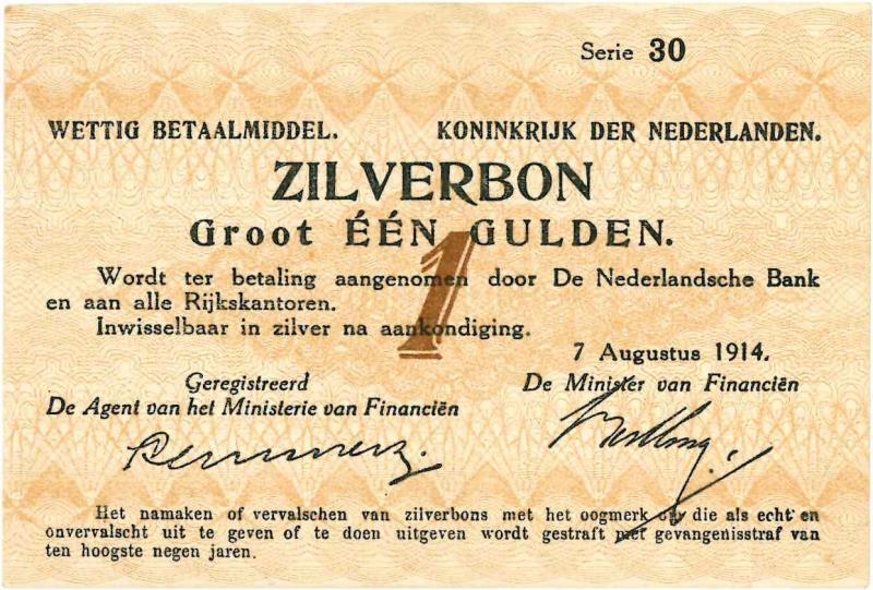 Nederland. 1 gulden. Zilverbon. Type 1914. - Nagenoeg UNC.