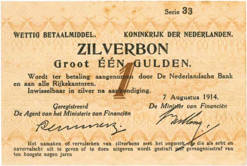 Nederland. 1 gulden. Zilverbon. Type 1914. - Nagenoeg UNC.