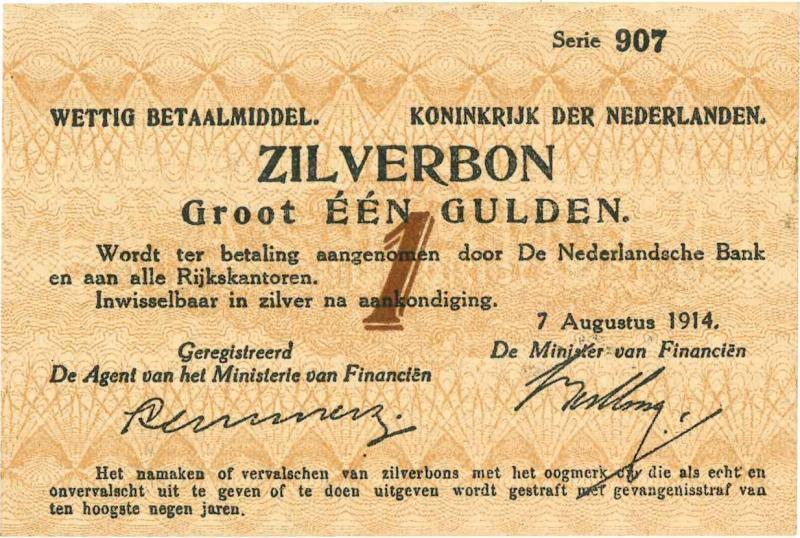 Nederland. 1 gulden. Zilverbon. Type 1914. - UNC.