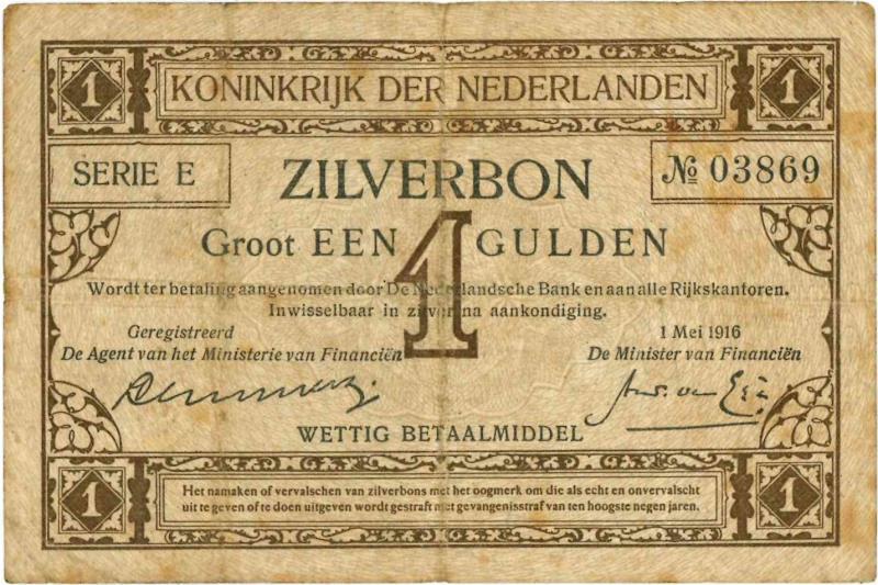 Nederland. 1 gulden. Zilverbon. Type 1916. - Fraai +.