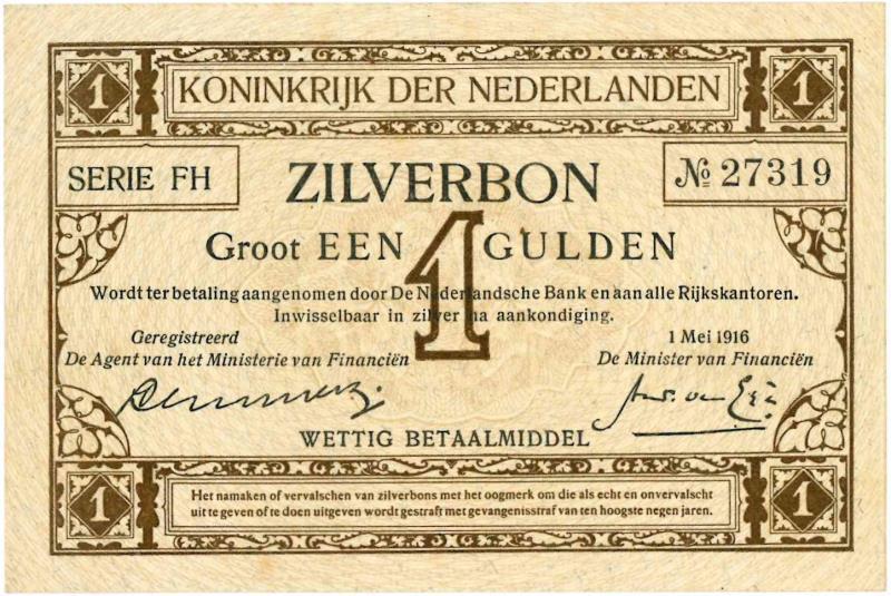 Nederland. 1 gulden. Zilverbon. Type 1916. - Nagenoeg UNC.