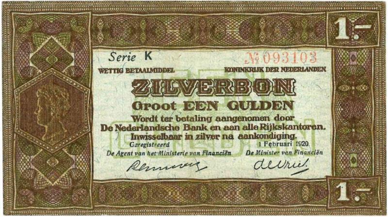 Nederland. 1 gulden. Zilverbon. Type 1920. - Zeer Fraai +.