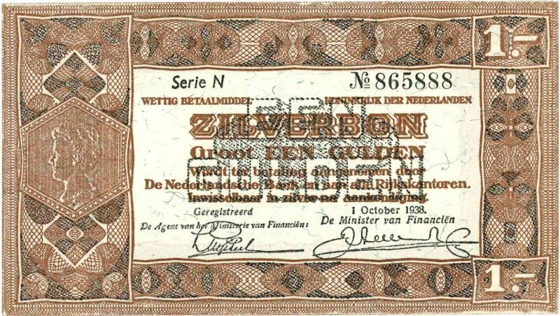 Nederland. 1 gulden. Zilverbon. Type 1938. - Nagenoeg UNC.