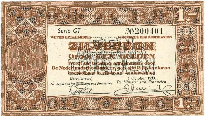 Nederland. 1 gulden. Zilverbon. Type 1938. - UNC.