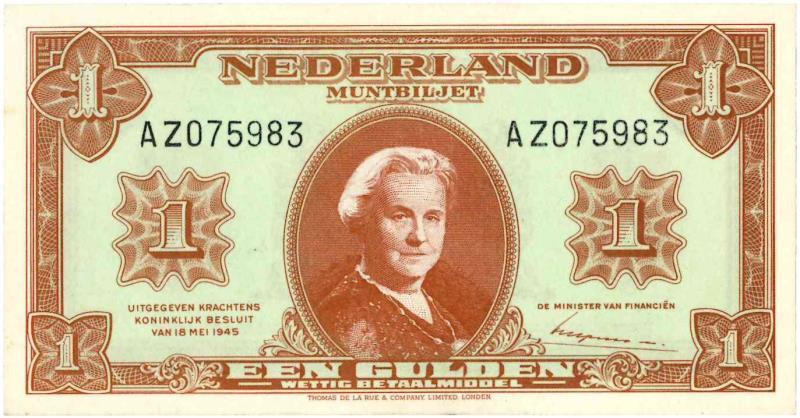 Nederland. 1 gulden. Muntbiljet. Type 1945. - UNC.