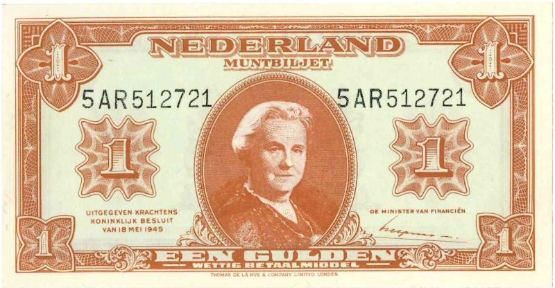 Nederland. 1 gulden. Muntbiljet. Type 1945. - UNC.