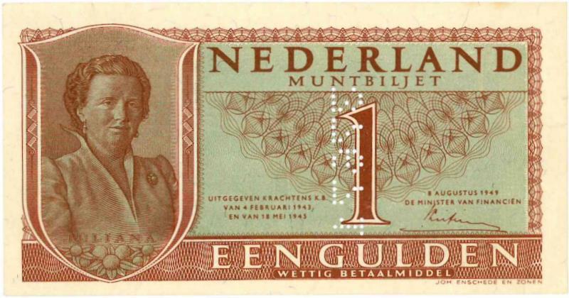 Nederland. 1 gulden. Muntbiljet. Type 1949. Juliana - Zeer Fraai / Prachtig.