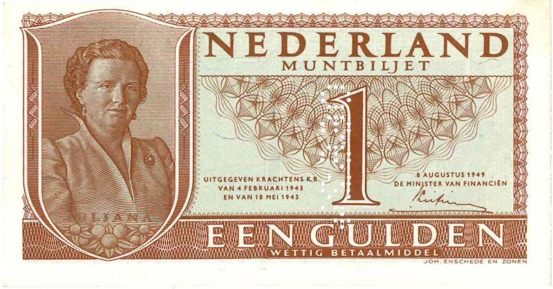 Nederland. 1 gulden. Muntbiljet. Type 1949. Juliana - Zeer Fraai.