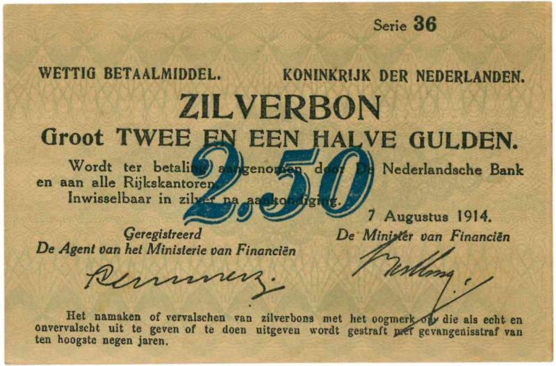 Nederland. 2½ gulden. Zilverbon. Type 1914. - UNC.