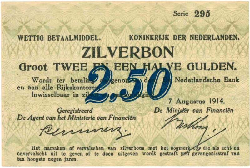 Nederland. 2½ gulden. Zilverbon. Type 1914. - Prachtig.