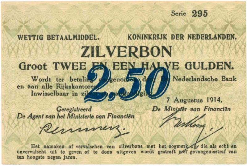 Nederland. 2½ gulden. Zilverbon. Type 1914. - Prachtig.