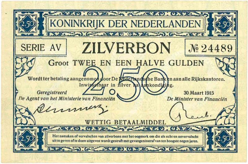 Nederland. 2½ gulden. Zilverbon. Type 1915. - Prachtig.