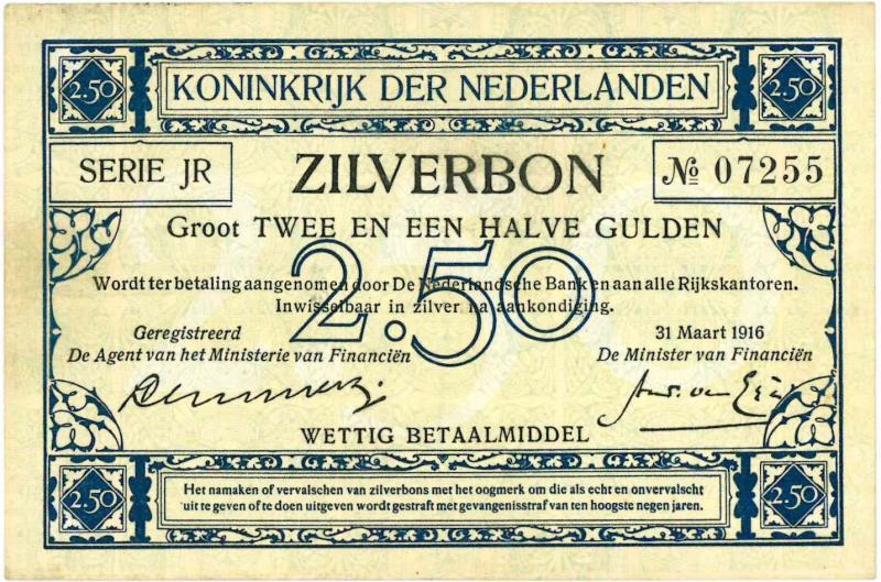 Nederland. 2½ gulden. Zilverbon. Type 1915. - Zeer Fraai +.