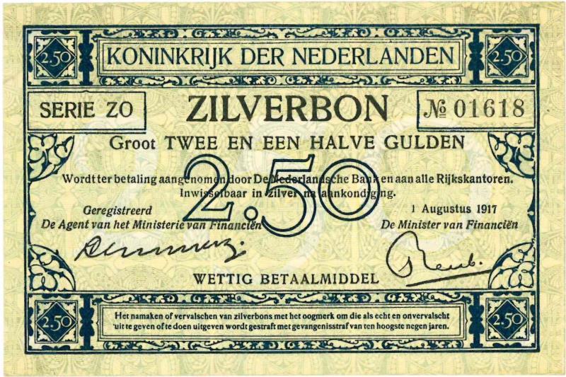 Nederland. 2½ gulden. Zilverbon. Type 1915. - Prachtig +.