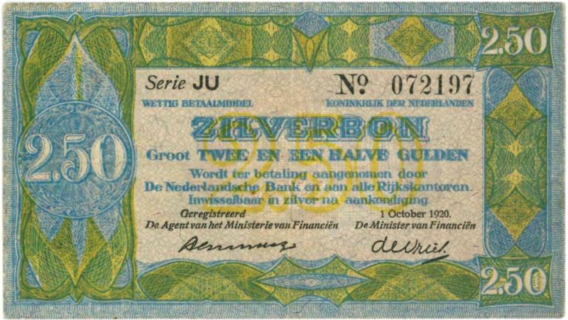 Nederland. 2½ gulden. Zilverbon. Type 1918. - Zeer Fraai +.