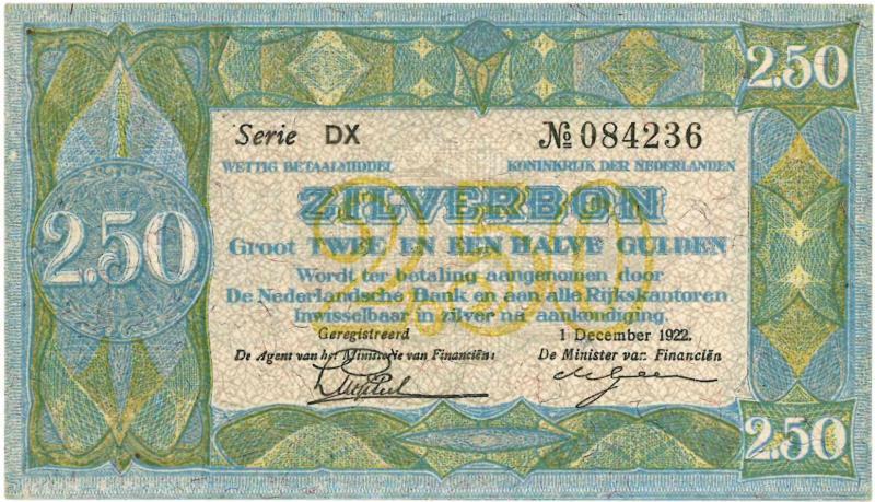 Nederland. 2½ gulden. Zilverbon. Type 1918. - Nagenoeg UNC.