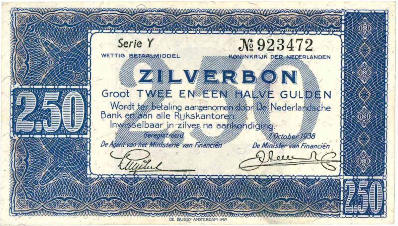 Nederland. 2½ gulden. Zilverbon. Type 1938. - UNC.