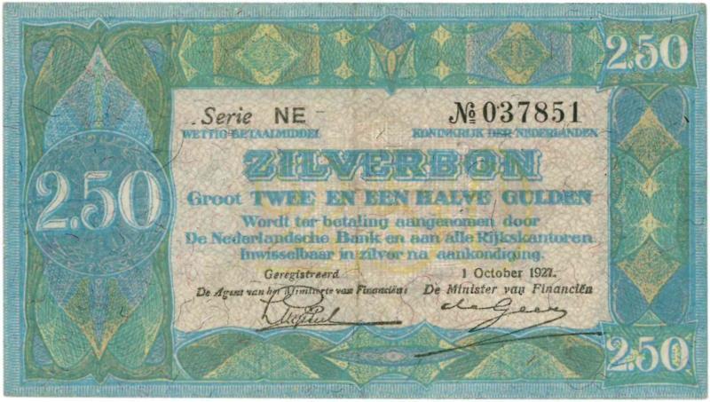 Nederland. 2½ gulden. Zilverbon. Type 1918. - Zeer Fraai +.