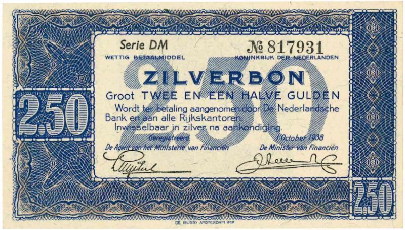 Nederland. 2½ gulden. Zilverbon. Type 1938. - UNC.