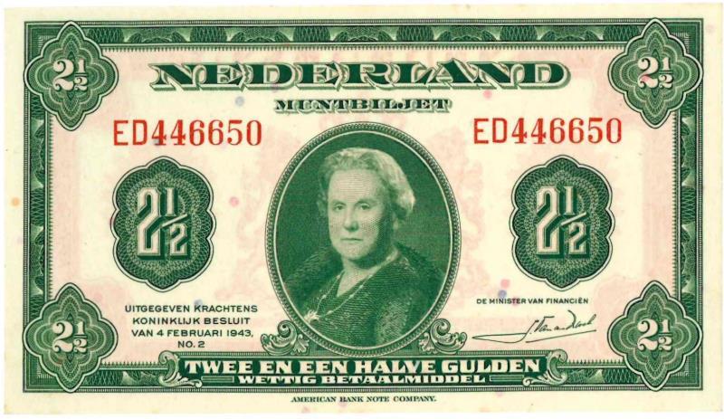 Nederland. 2½ gulden. Muntbiljet. Type 1943. - UNC.